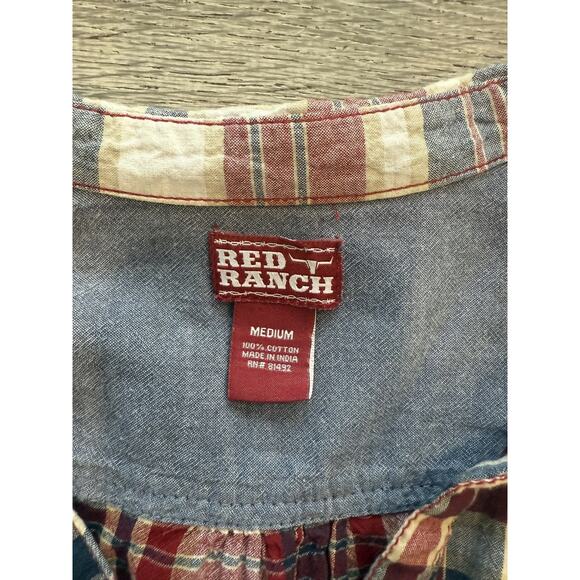 Red Ranch Plaid Tunic dress Medium long sleeve 3 Pockets tie String button - Picture 3 of 6